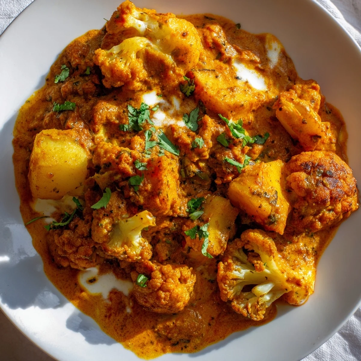 Fragrant Indian Butter Spiced Potatoes and Cauliflower simmer in a creamy tomato sauce, garnished with fresh cilantro.