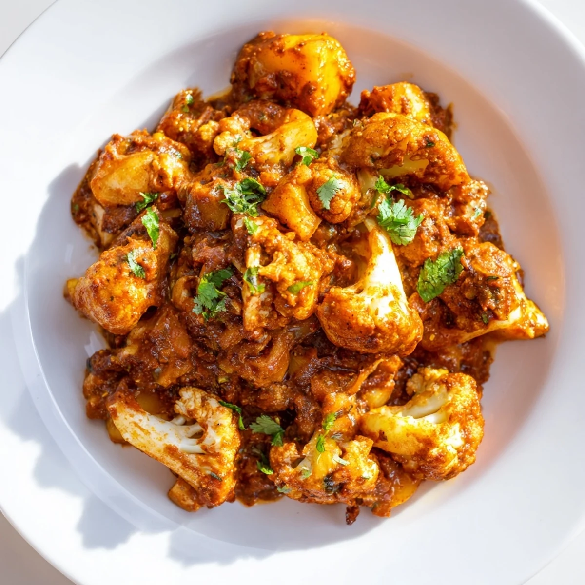 Tender cauliflower florets and potatoes in a buttery, spiced gravy, perfect with warm naan for dipping.