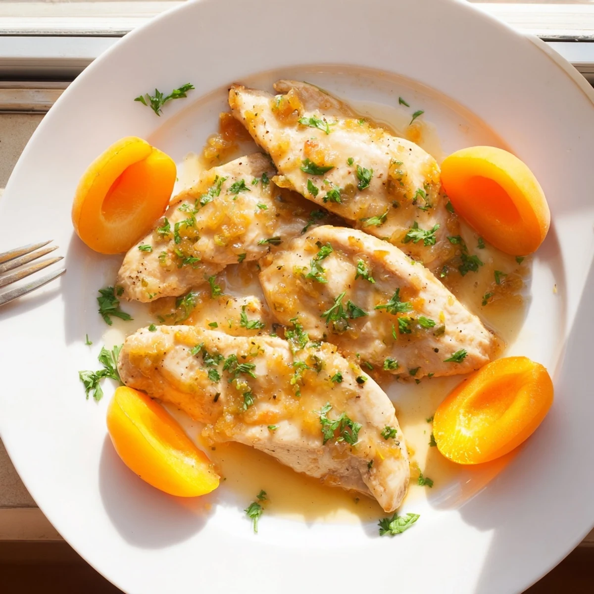 Golden seared chicken breasts smothered in a glossy, sweet apricot sauce, garnished with fresh parsley.