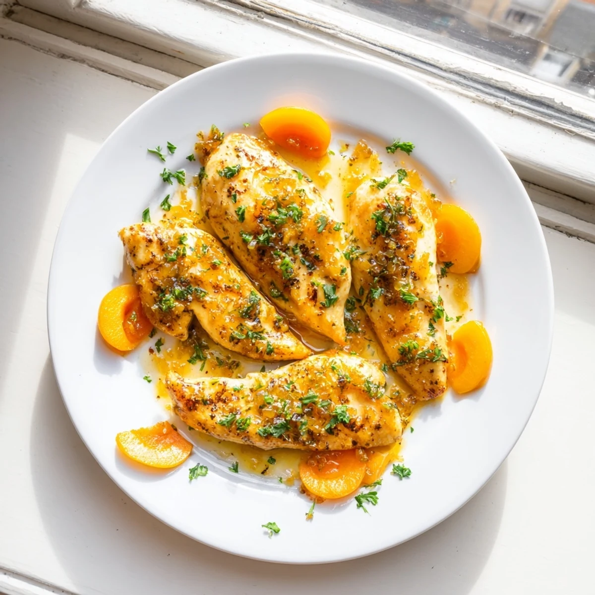 Close-up of Classic Apricot Chicken served over rice, topped with bright apricot slices and fresh herbs.