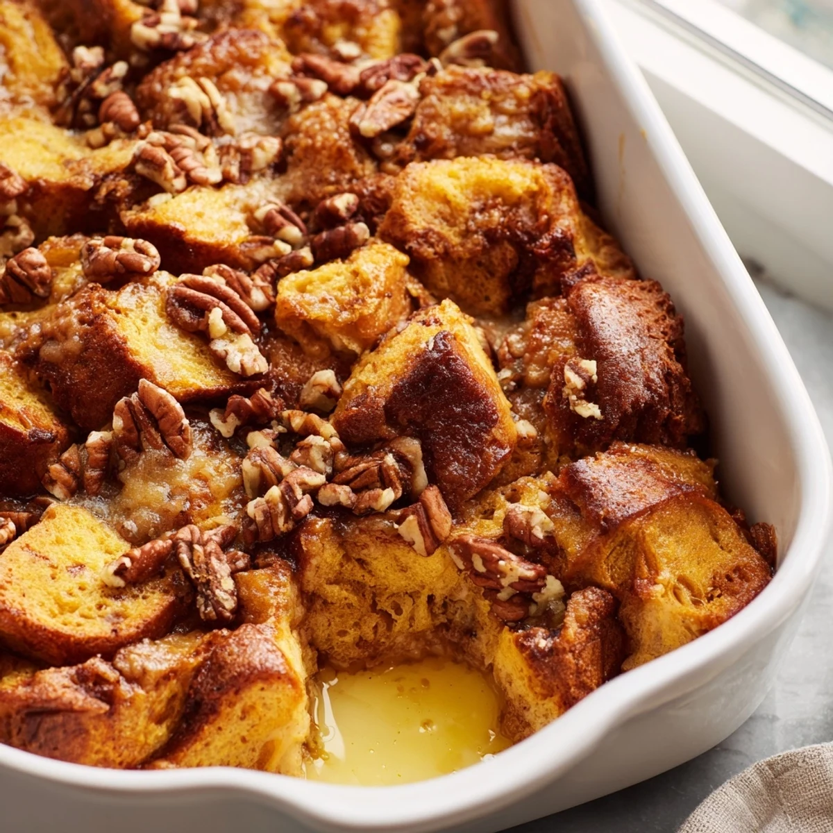 Golden-brown French Toast Casserole fresh from the oven with a bubbly cinnamon topping.