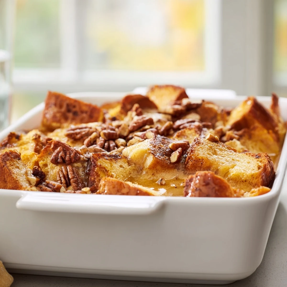 Freshly baked French Toast Casserole in a baking dish topped with pecans.