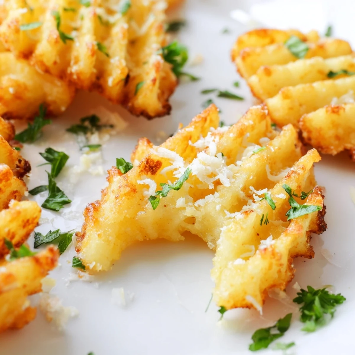 Crispy Mashed Potato Fries served golden and hot from the oven on a rustic platter with parsley garnish.