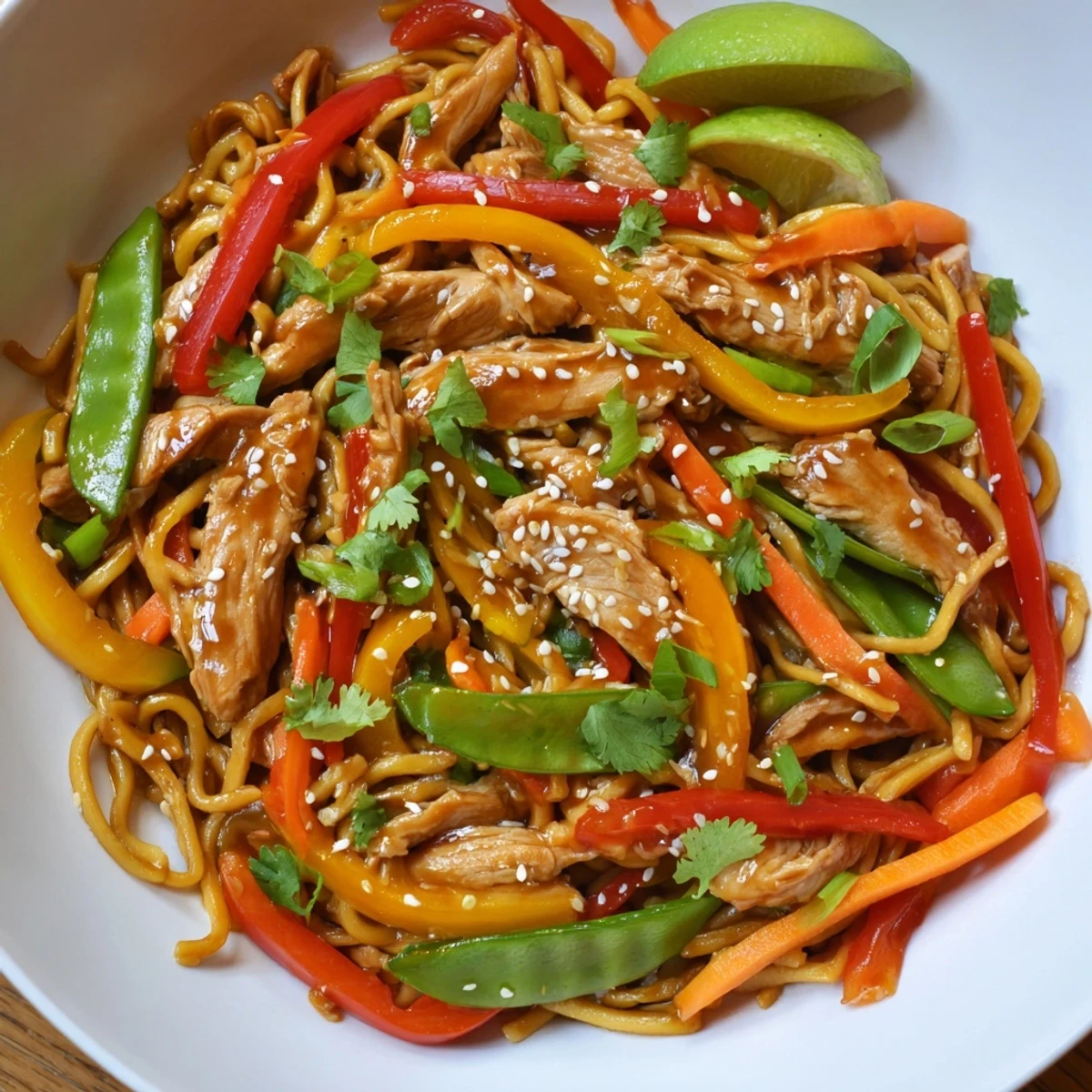 A steaming skillet of Sweet Chilli Turkey Noodle Stir Fry with colorful bell peppers and noodles glistening with sauce.