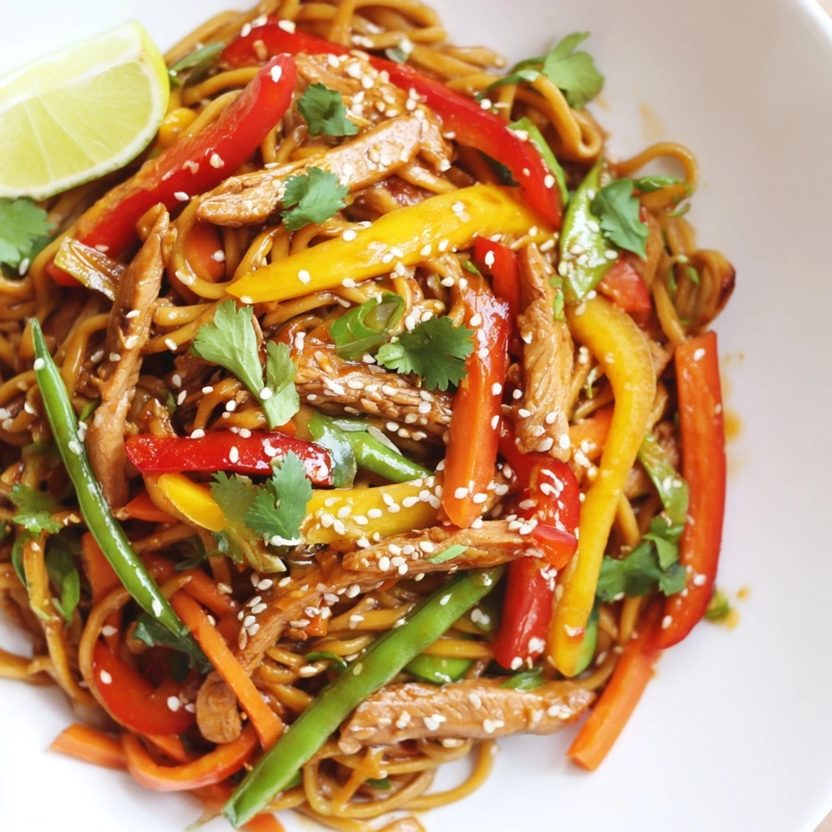 Bright vegetables and tender turkey in Sweet Chilli Turkey Noodle Stir Fry served with lime wedges on the side.