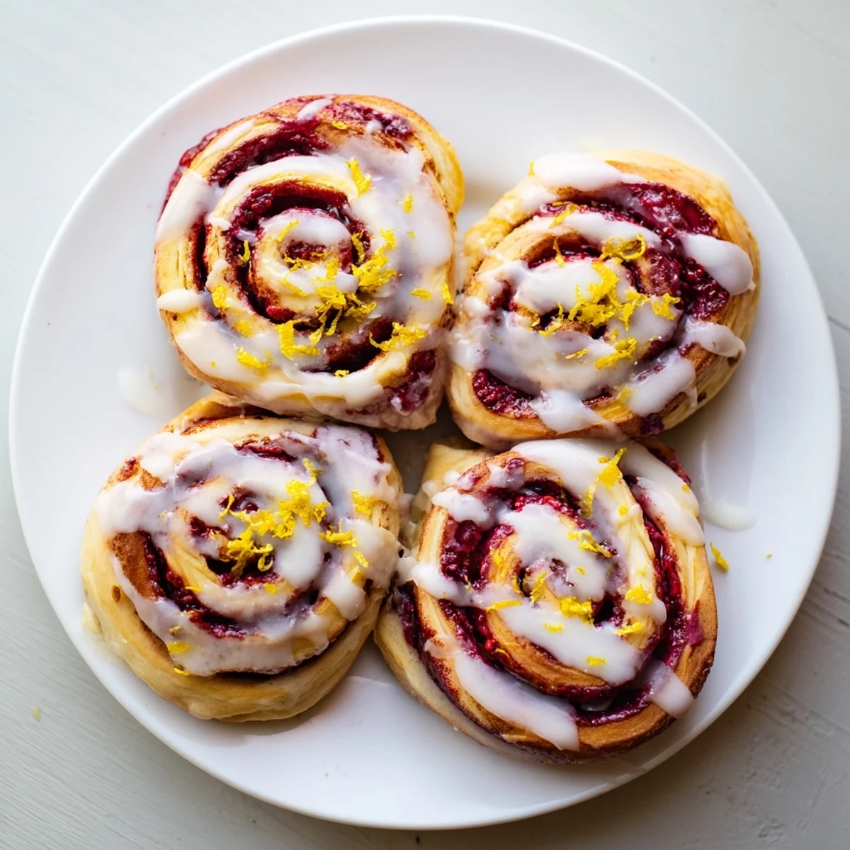 Warm Raspberry Cinnamon Rolls with Lemon Glaze are arranged on a cooling rack, showing gooey red swirls.
