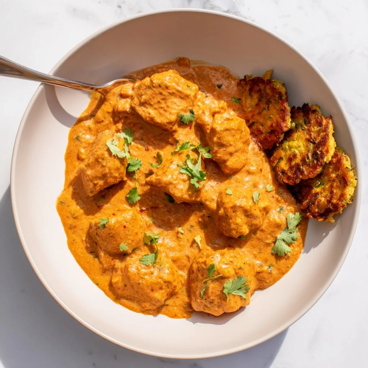 A close-up view shows the rich orange Butter Chicken and Vegetable Fritters simmering in a skillet, ready to be served over fluffy rice.