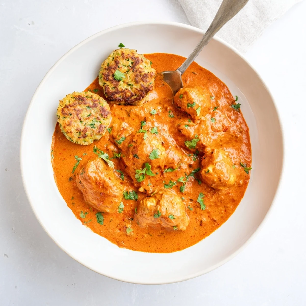In this image, golden vegetable fritters sit beside a creamy bowl of Butter Chicken and Vegetable Fritters, garnished with fresh cilantro.