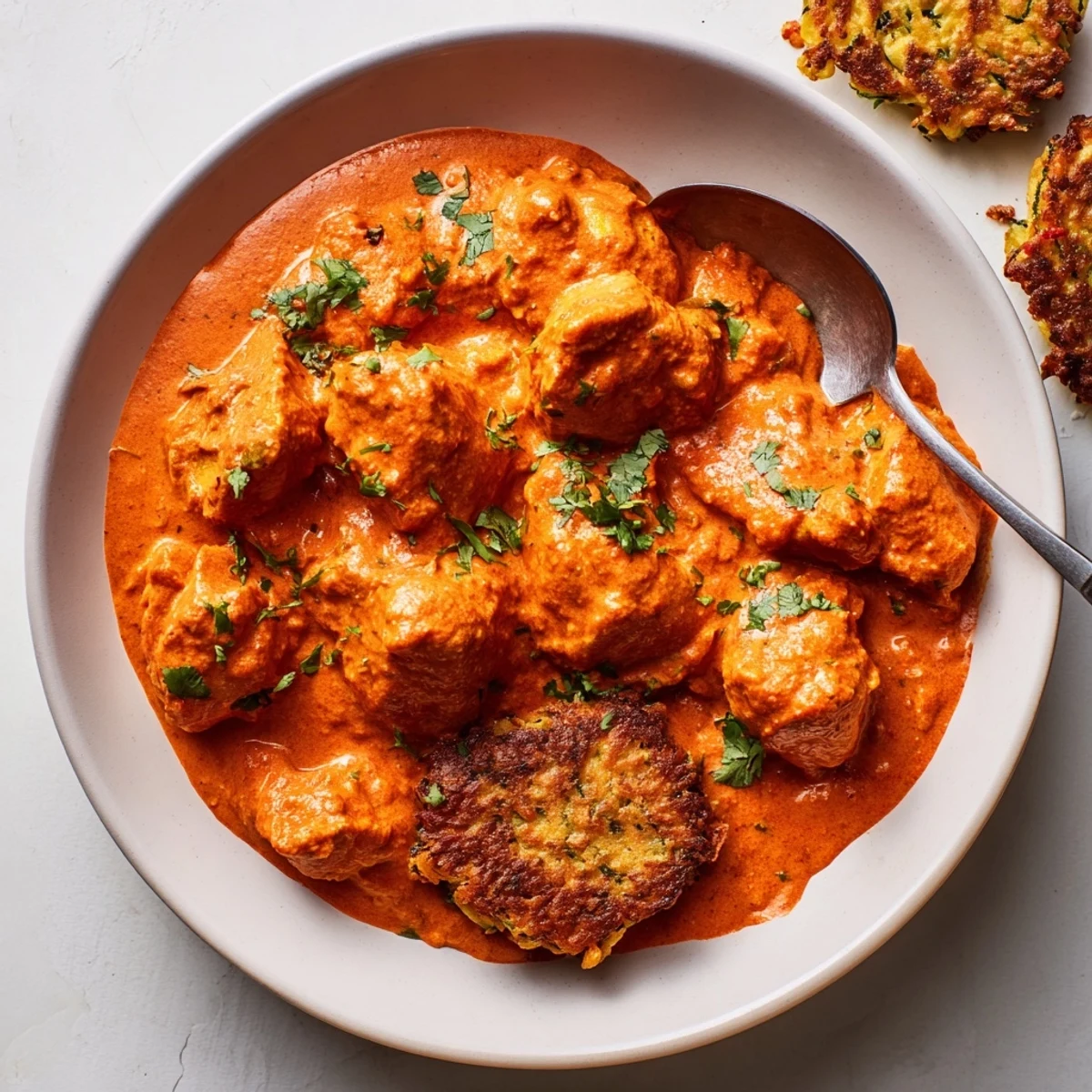 The dish features crispy, pan-fried vegetable fritters paired with tender pieces of Butter Chicken and Vegetable Fritters on a rustic dinner plate.
