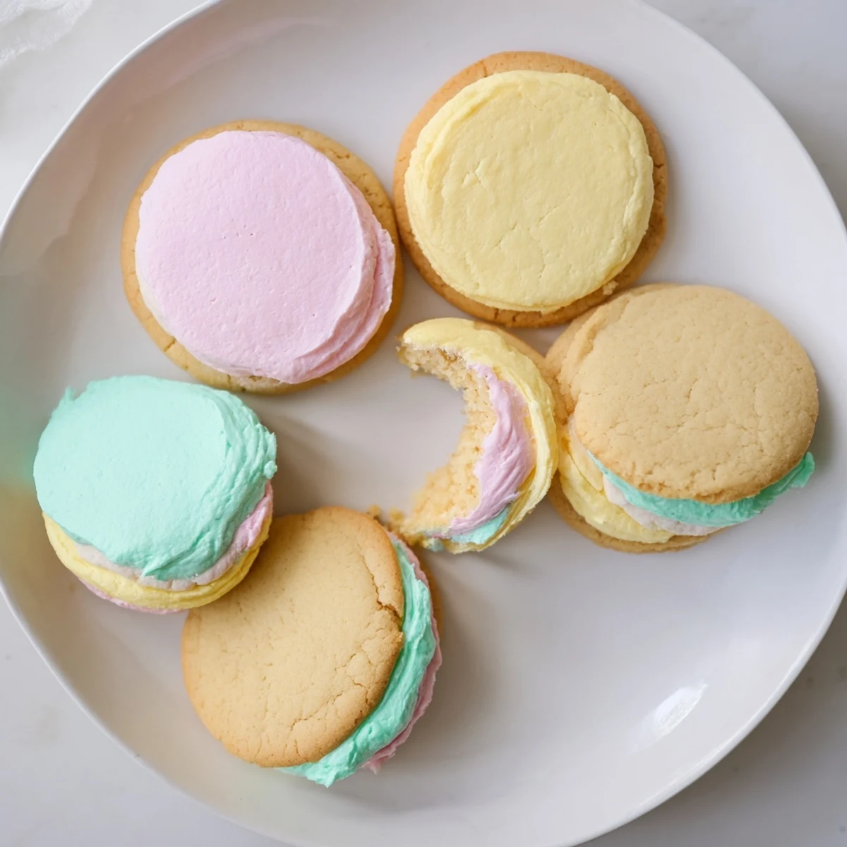 Vibrant pastel sugar cookie sandwiches displayed on a white plate, showing delicate buttery cookies with swirled buttercream filling perfect for spring parties.