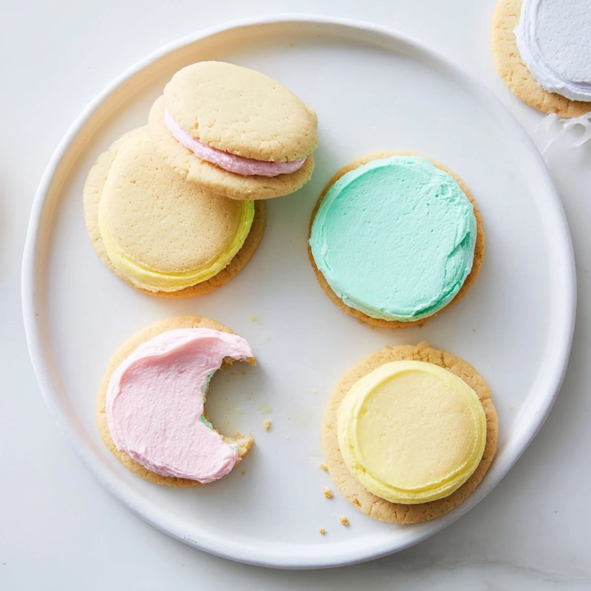 Homemade pastel sugar cookie sandwiches stacked neatly, revealing soft sugar cookies and pastel frosting centers, ideal for festive dessert platters and gatherings.