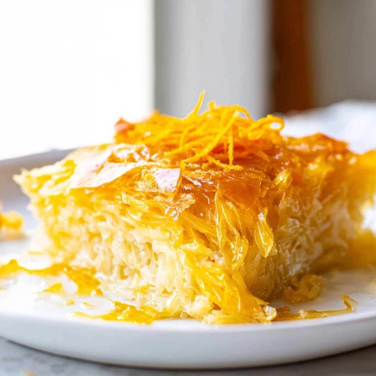 Freshly baked Portokalopita Greek dessert with syrup glistening on crispy phyllo, served alongside a dollop of whipped cream for contrast.