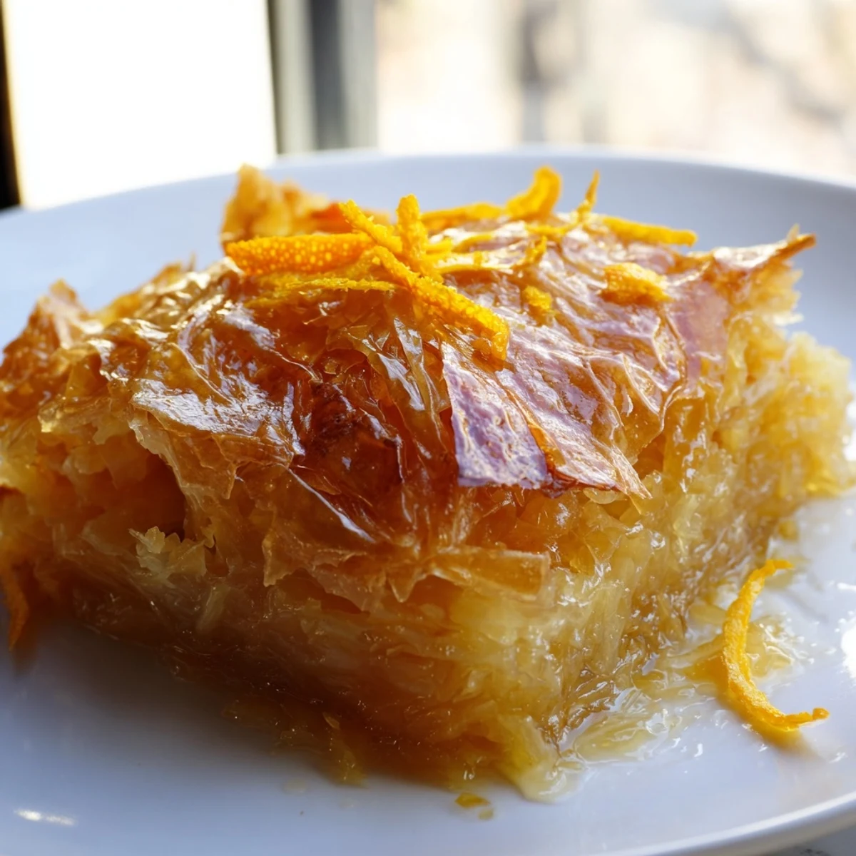 Golden-baked Portokalopita slices on a white plate with powdered sugar, showcasing syrup-soaked phyllo layers and fresh orange zest garnish.