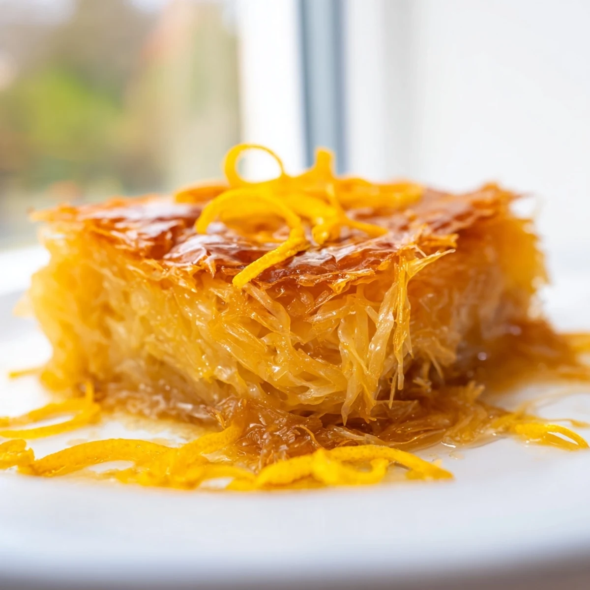 A close-up of Portokalopita revealing tender yogurt-infused crumbs and orange zest, ready to serve at a cozy American brunch table.