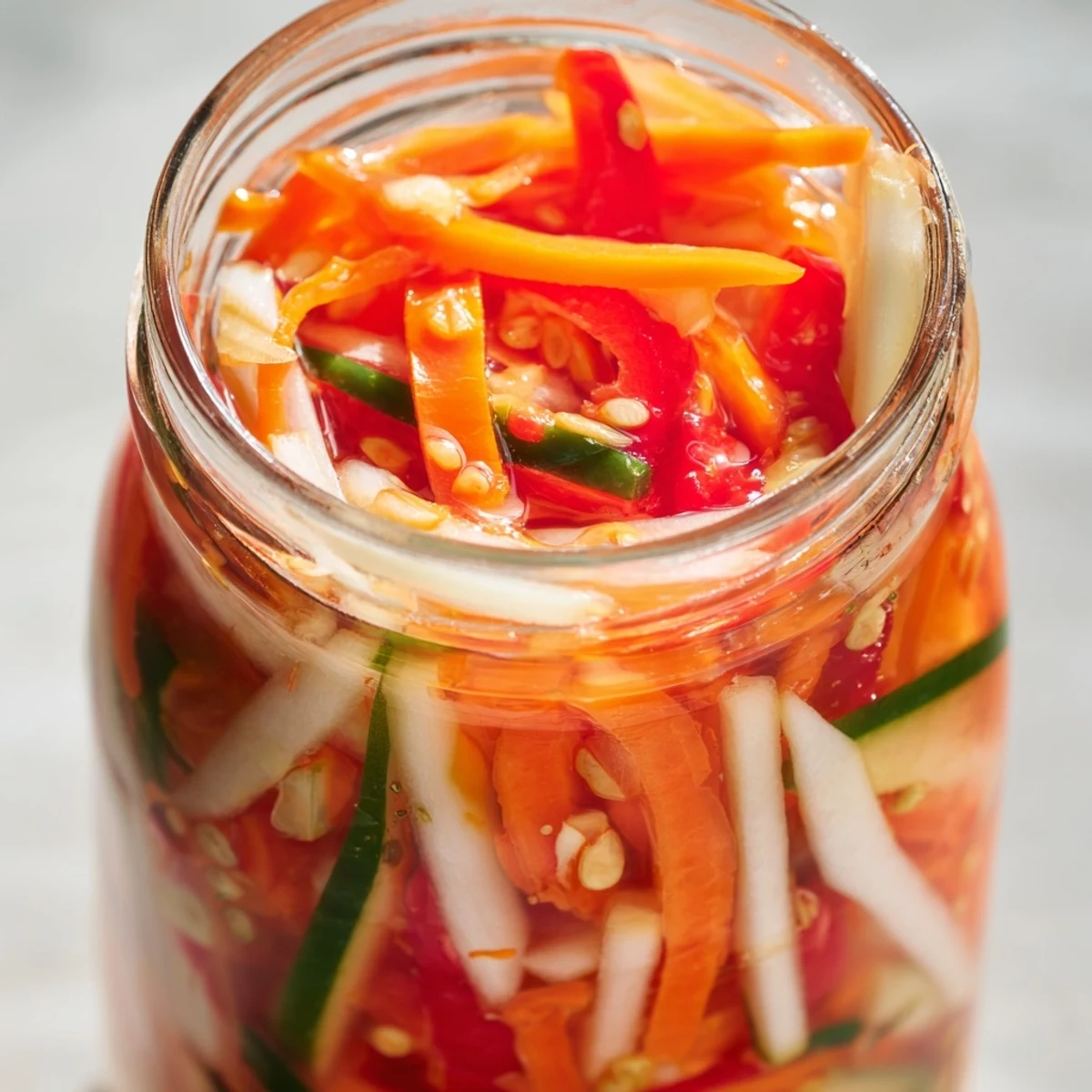 Bowl of Vietnamese Vegetable Pickle Medley garnished with garlic and peppercorns, served as banh mi filling.