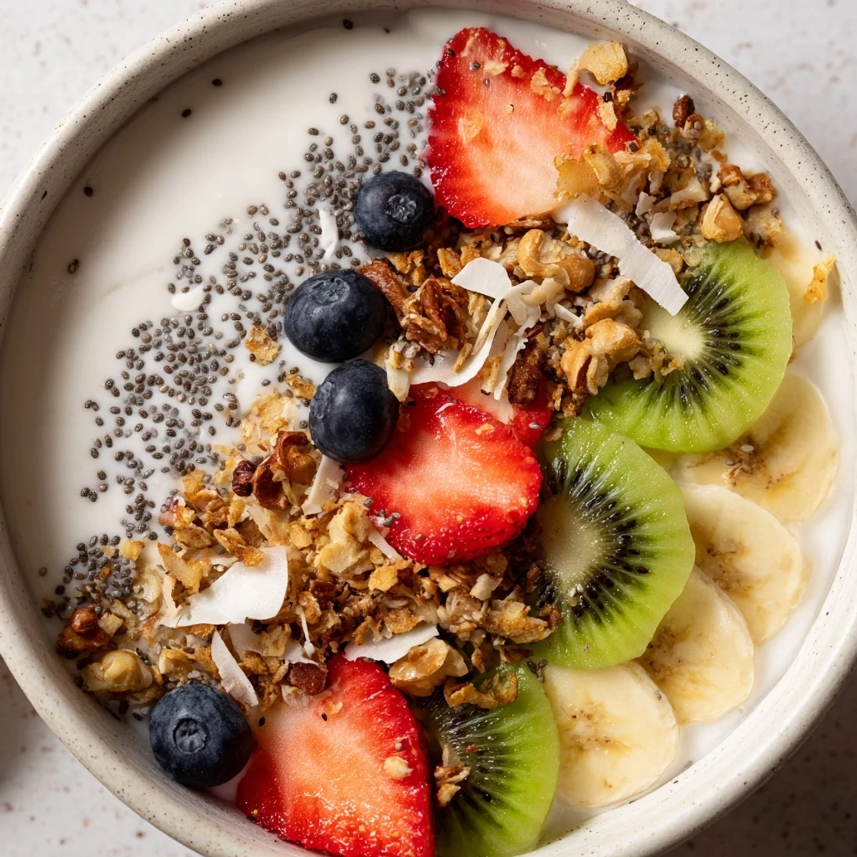 Overhead view of a Healthy Breakfast Bowl featuring sliced banana, strawberries, blueberries, and chopped nuts.