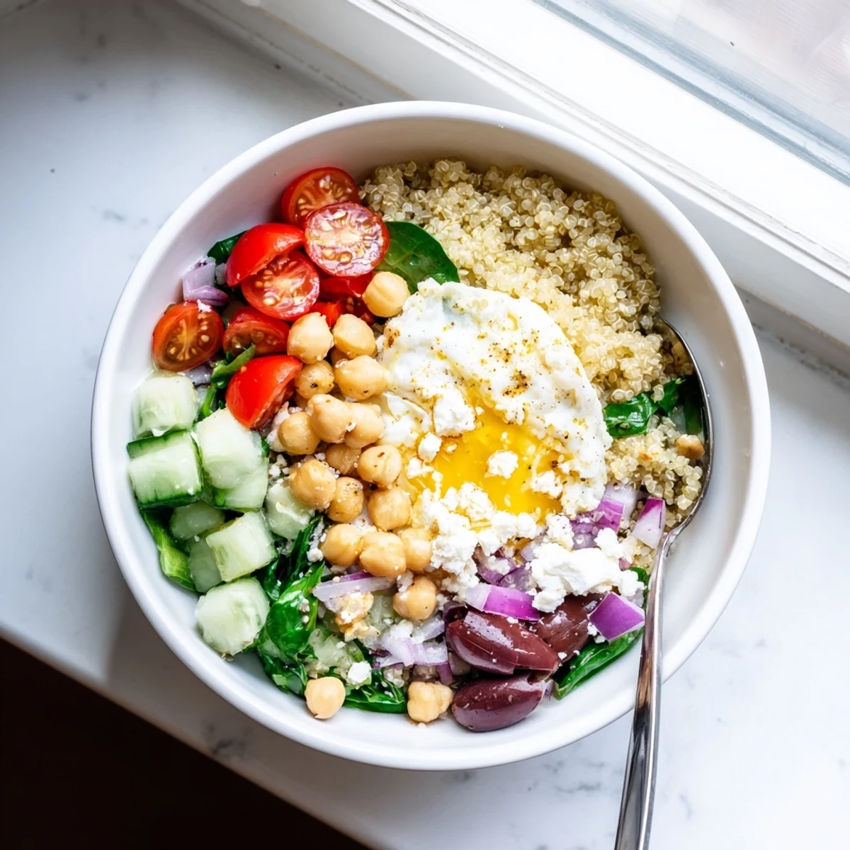 Colorful Mediterranean Breakfast Bowls arranged with quinoa, cherry tomatoes, cucumber, and a fried egg on top, ready to serve for a healthy morning meal.