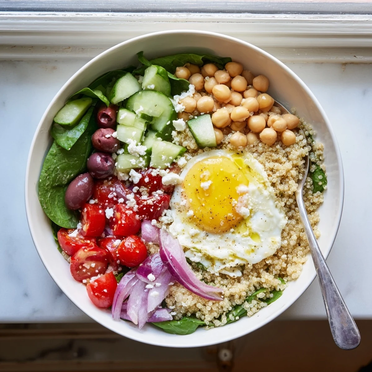 Close-up of a Mediterranean Breakfast Bowl with poached egg, fresh spinach, and diced vegetables, showcasing a nourishing and gluten-free vegetarian breakfast.