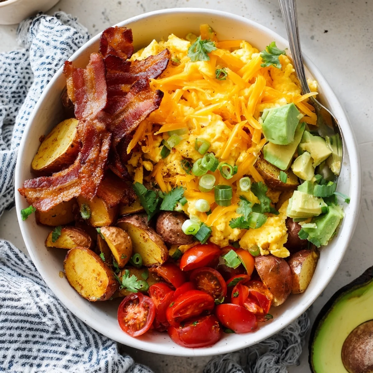 A vibrant loaded breakfast bowl features golden roasted potatoes, fluffy scrambled eggs, and crispy bacon topped with melted cheddar.