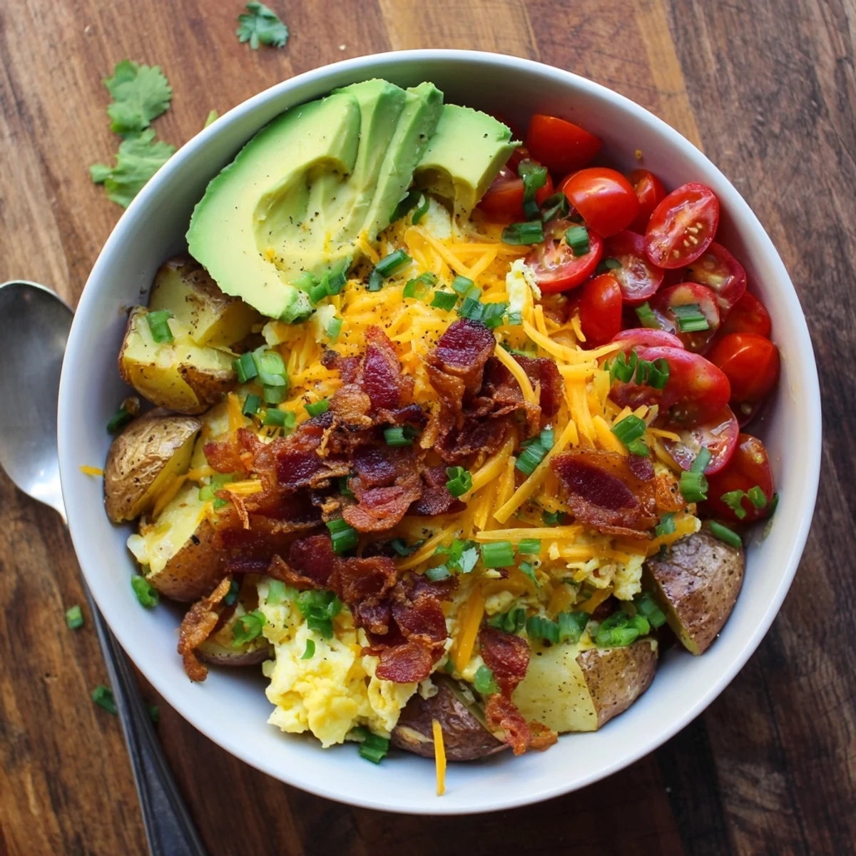 Savor this loaded breakfast bowl with fresh avocado, juicy tomatoes, and a spicy hot sauce drizzle for a hearty start.