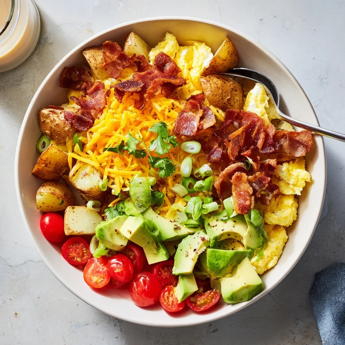 Enjoy a warm loaded breakfast bowl filled with savory bacon, cheesy eggs, and crispy potatoes, perfect with a morning smoothie.