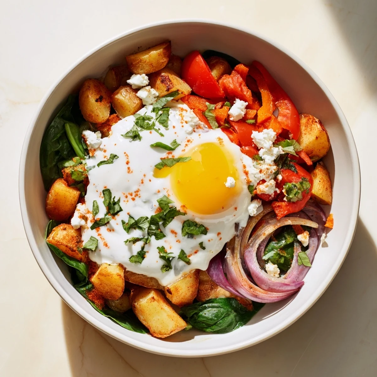 Vibrant photo of the Savory Breakfast Bowl with sautéed veggies, crispy potatoes, and a runny yolk egg, topped with fresh herbs.