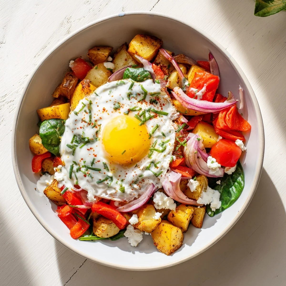 Hearty Savory Breakfast Bowl featuring golden potatoes and spinach, drizzled with lemon chive yogurt sauce and crumbled feta cheese.