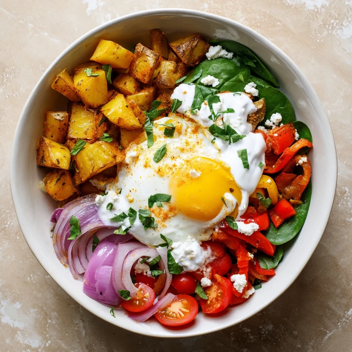 Close up view of a warm Savory Breakfast Bowl with fluffy eggs and roasted cherry tomatoes on a rustic wooden table.