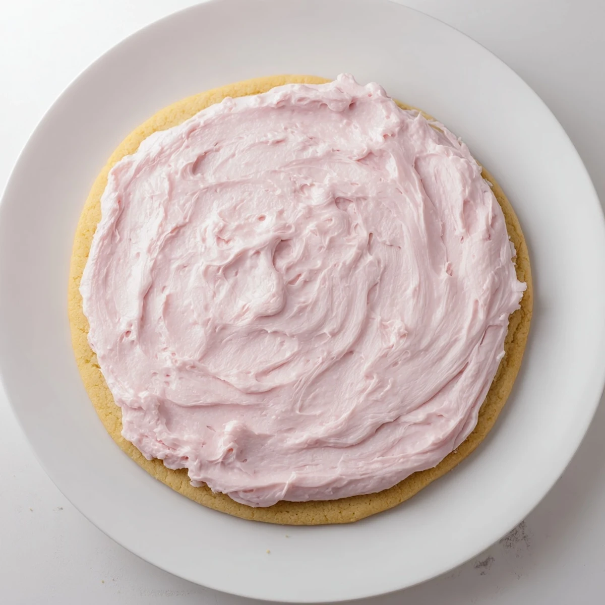 Freshly baked Giant Chilled Crumbl Sugar Cookies rest on a wire rack, each crowned with a thick swirl of creamy pink vanilla frosting.