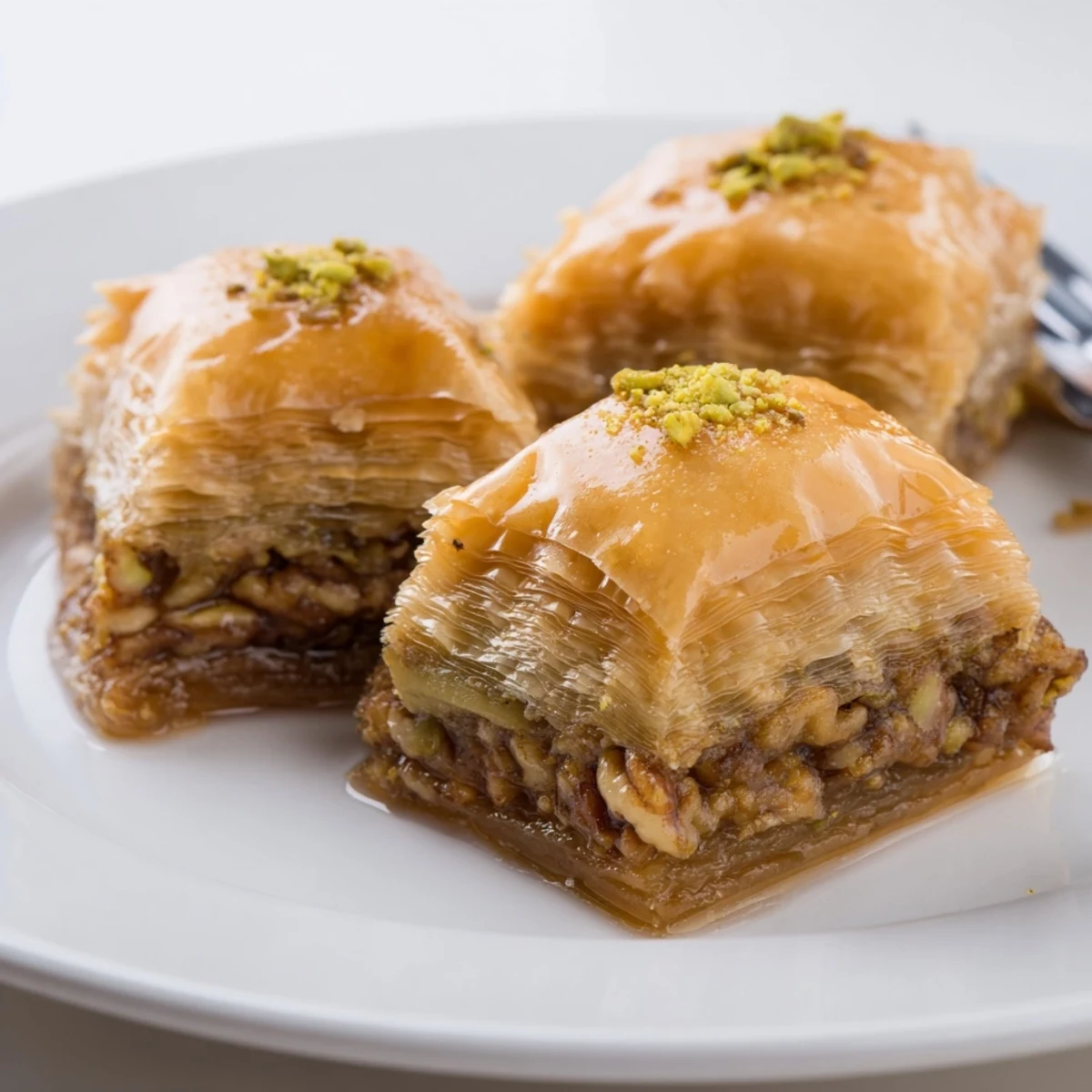 Crispy layers of Greek Baklava glisten with honey syrup, topped with crushed pistachios and walnuts on a ceramic plate.