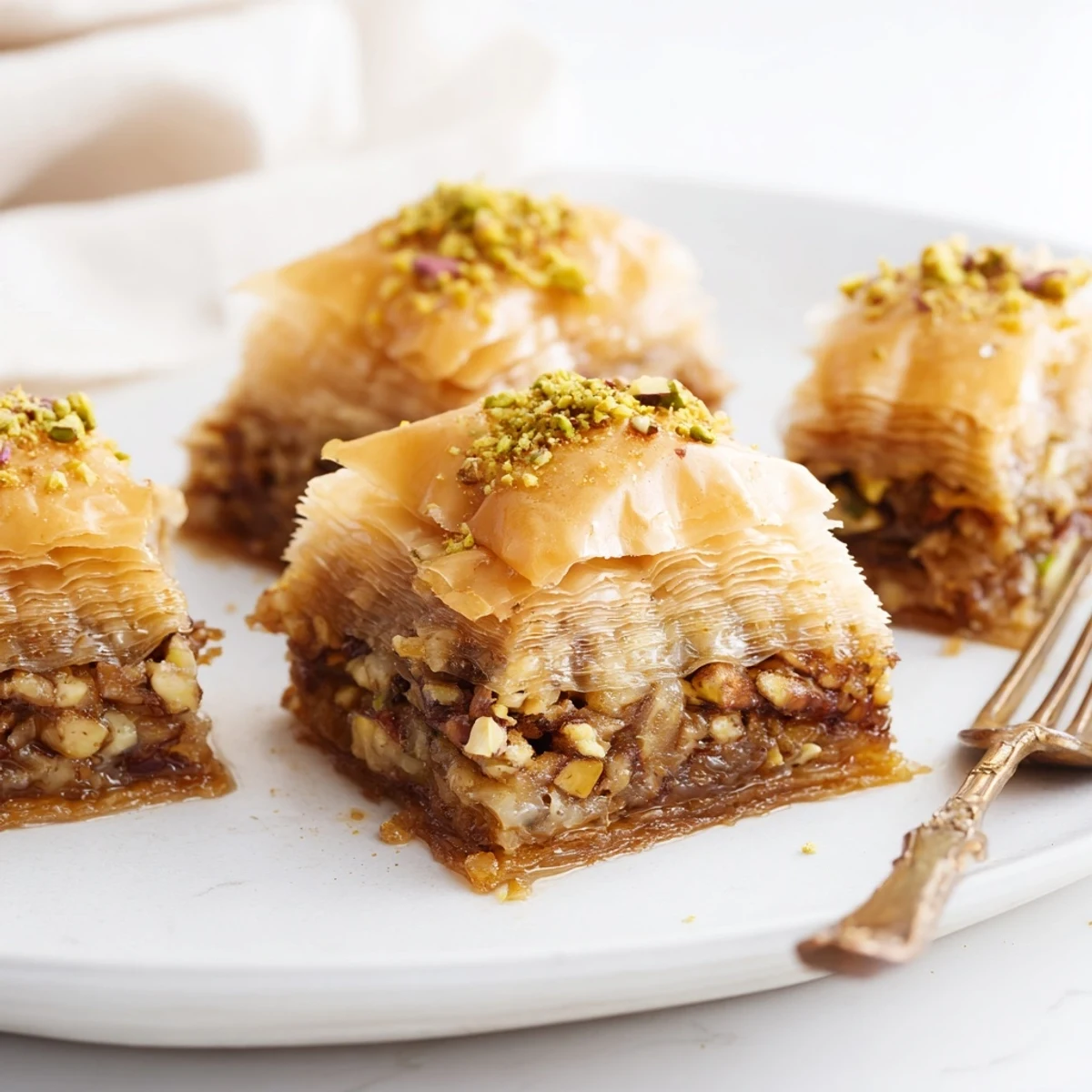 Golden Greek Baklava pieces arranged neatly on a white plate, showing flaky phyllo layers and nut filling.
