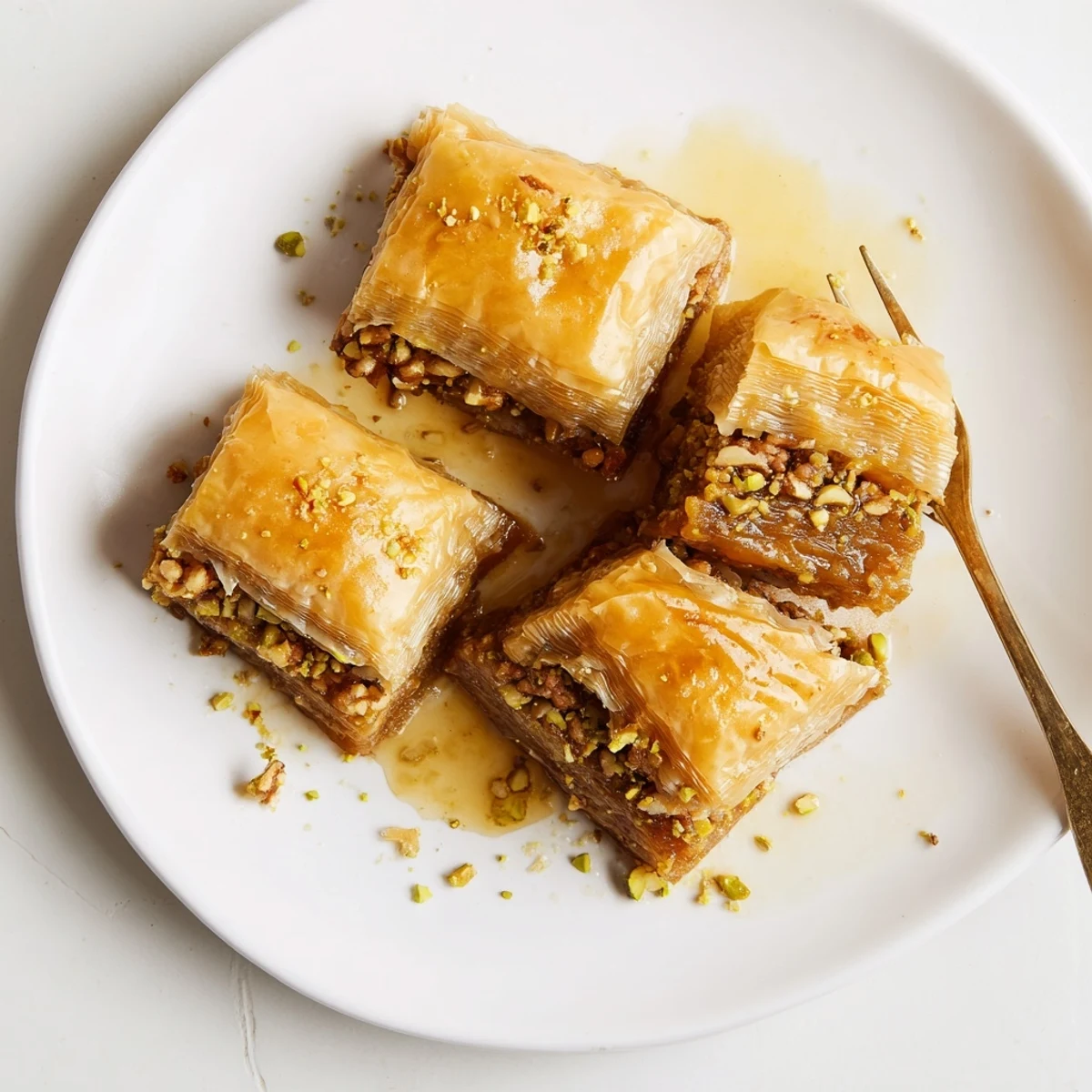 A slice of Greek Baklava on a marble surface, drizzled with honey and served alongside a steaming cup of coffee.