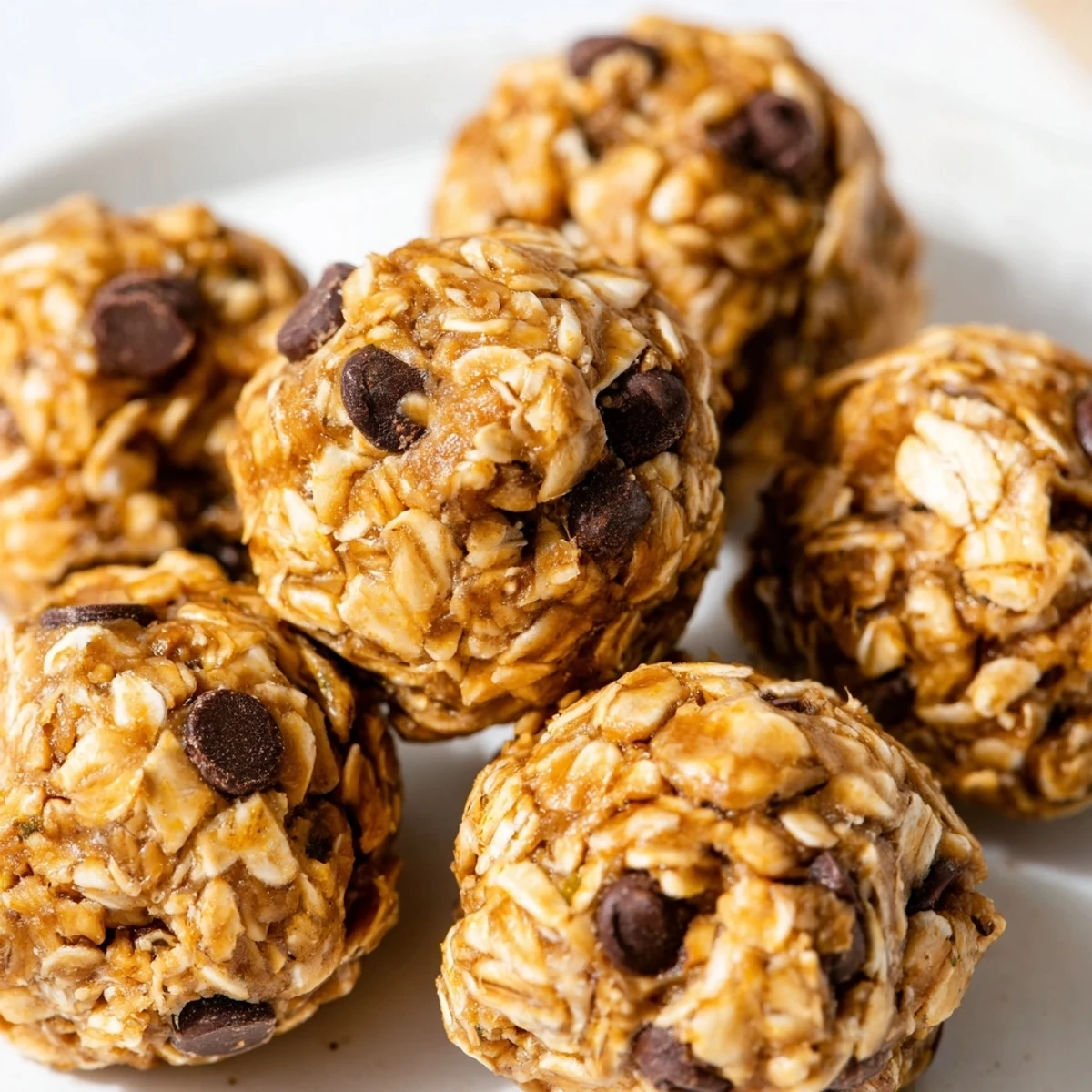 A close-up of No Bake Peanut Butter Energy Bites arranged on a plate, showing their chewy texture and melted chocolate chips.