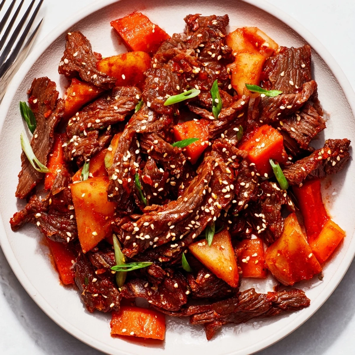 Slow-cooked Korean Style Pot Roast, a cozy family dinner with saucy vegetables and warm Korean-inspired aromas.