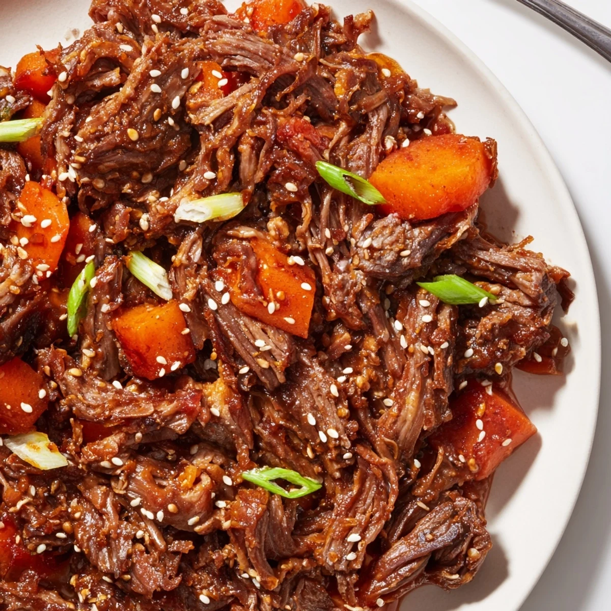A rustic platter of Korean Style Pot Roast garnished with sesame seeds and scallions over steamed rice.