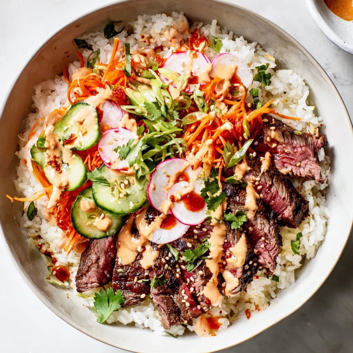 Freshly seared beef strips from Irresistibly Easy Korean BBQ Steak Rice Bowls with Spicy Cream Sauce glisten beside fluffy white rice.
