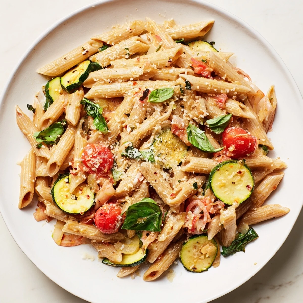 A close-up of Healthy Tomato Zucchini Pasta with tender zucchini slices and bursting cherry tomatoes in a light sauce.