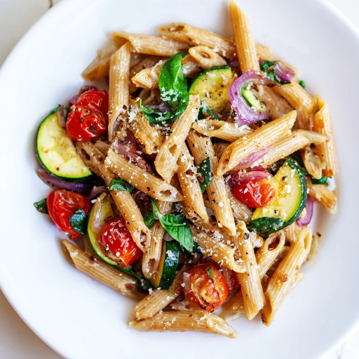 Savor a forkful of Healthy Tomato Zucchini Pasta, garnished with fresh basil and a dusting of Parmesan cheese.