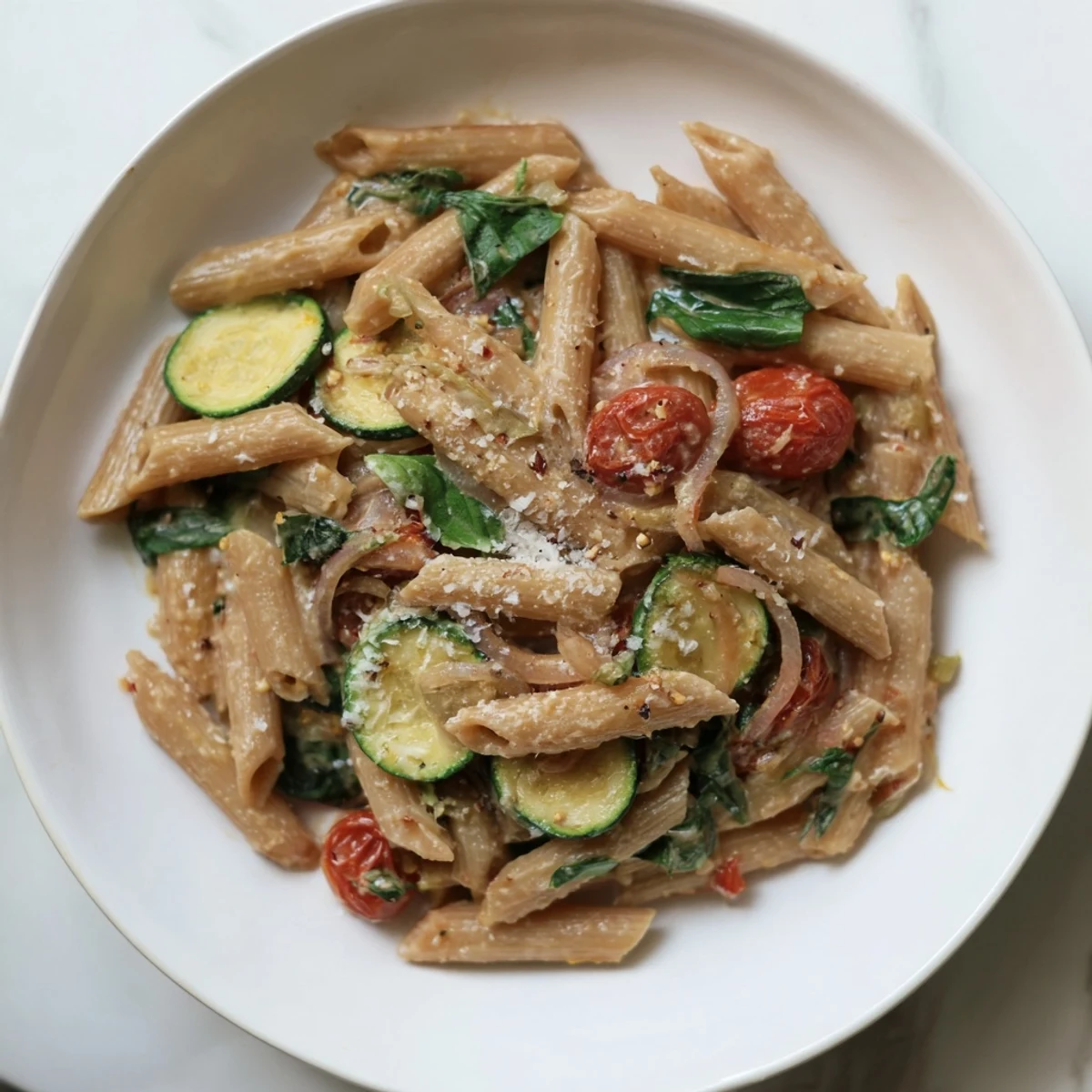 Steam rises from a warm bowl of Healthy Tomato Zucchini Pasta, served alongside a glass of crisp white wine.