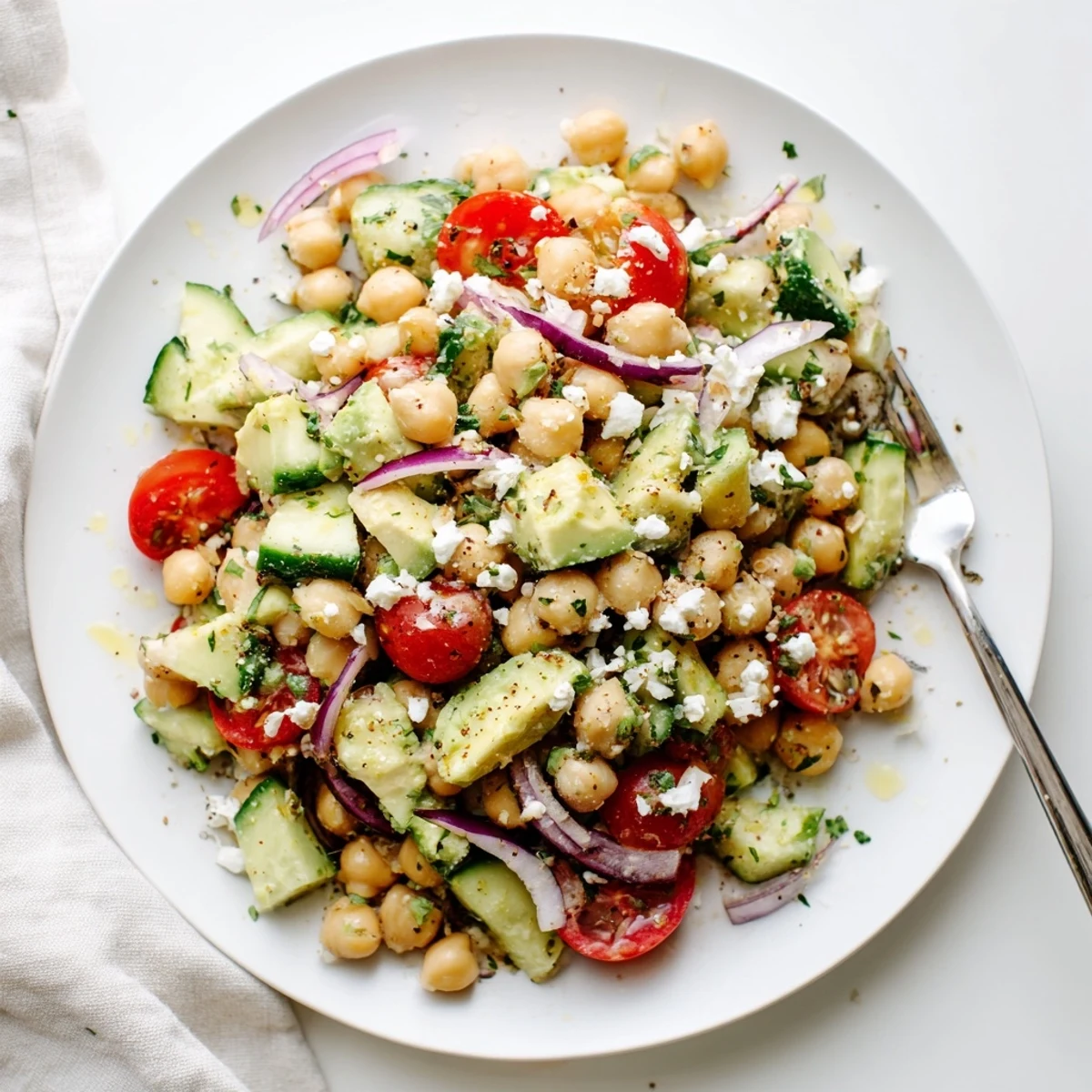 Served chilled with lemon dressing, this Chickpea Feta Avocado Salad is perfect for summer lunches.