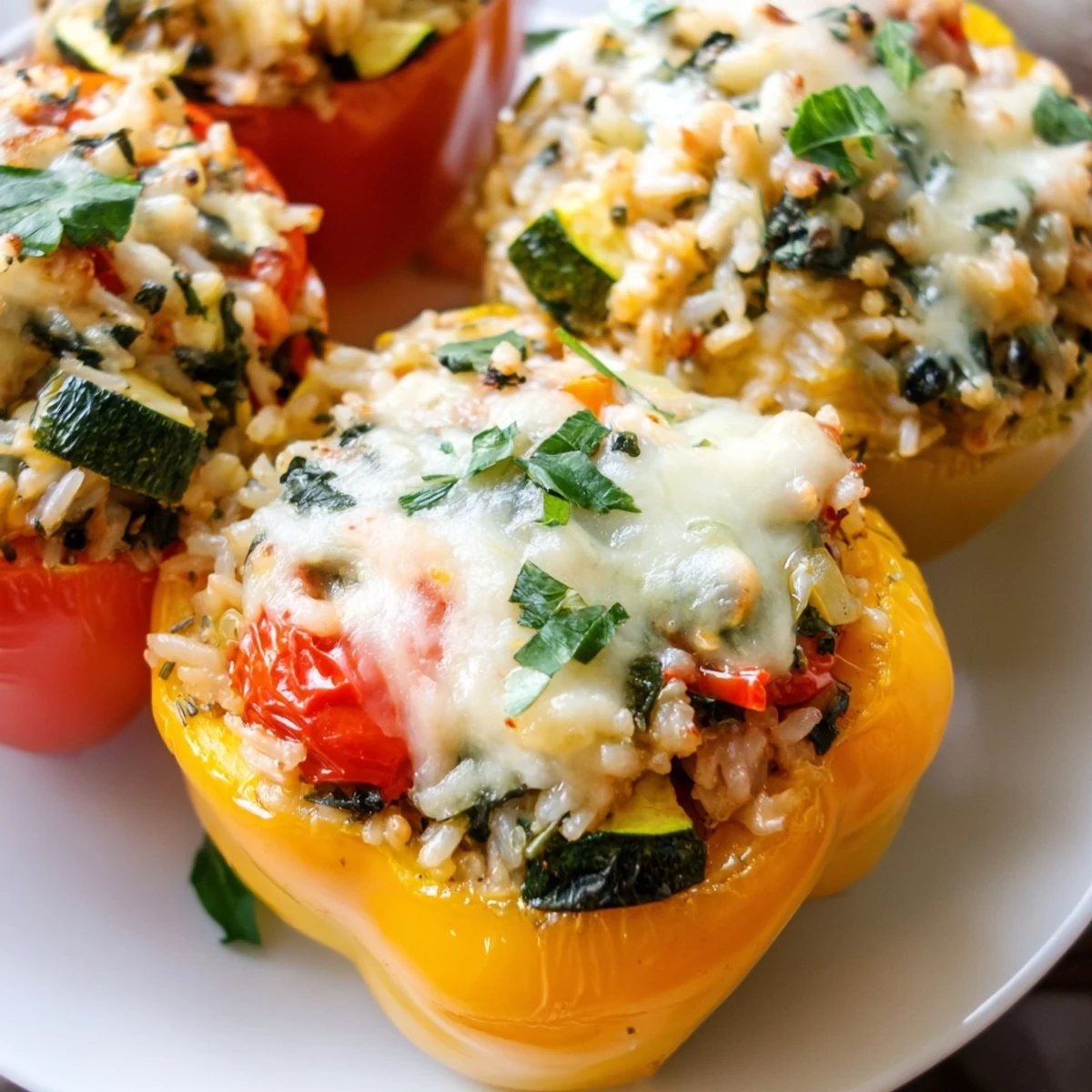 Colorful Vegetarian Stuffed Bell Peppers filled with rice, zucchini, tomatoes, and melted cheese, served fresh from the oven.