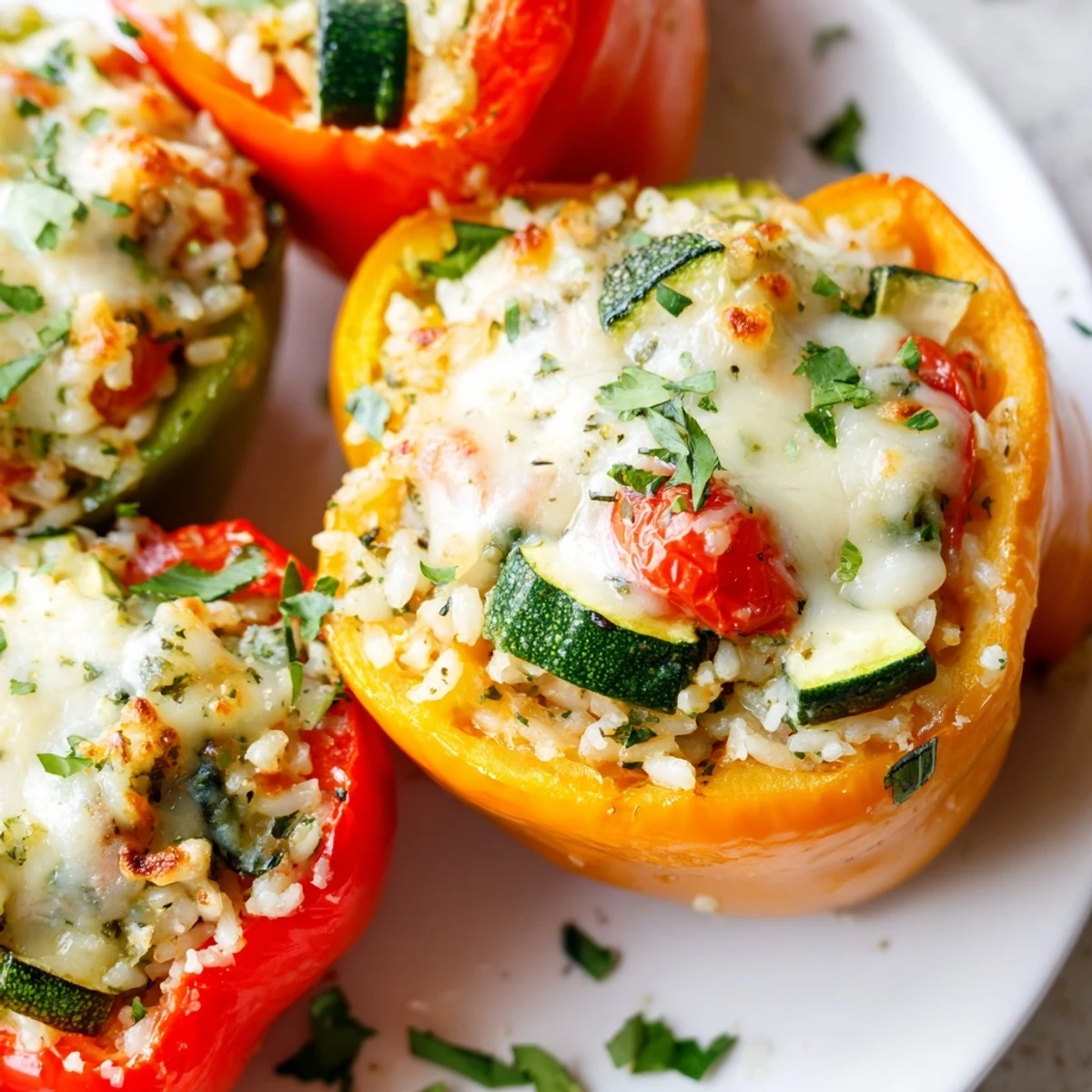 Golden-baked Vegetarian Stuffed Bell Peppers topped with mozzarella, garnished with parsley, and ready to enjoy on a dinner plate.