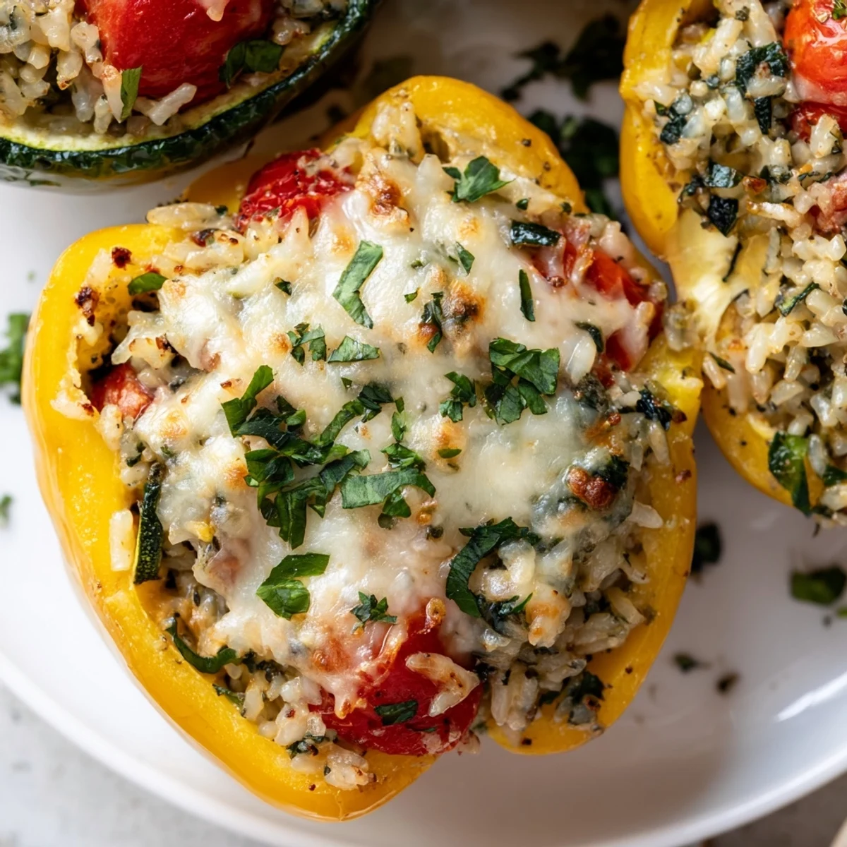 A close-up of Vegetarian Stuffed Bell Peppers revealing the savory rice and vegetable filling, with cheese bubbling on top.
