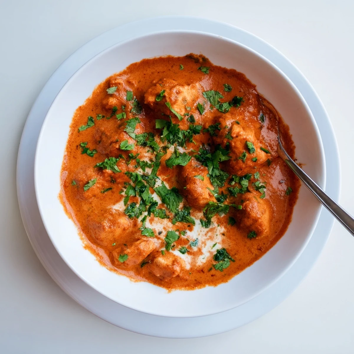 Steaming bowl of homemade Butter Chicken topped with cilantro, showing the vibrant orange sauce and tender chicken chunks ready to eat.
