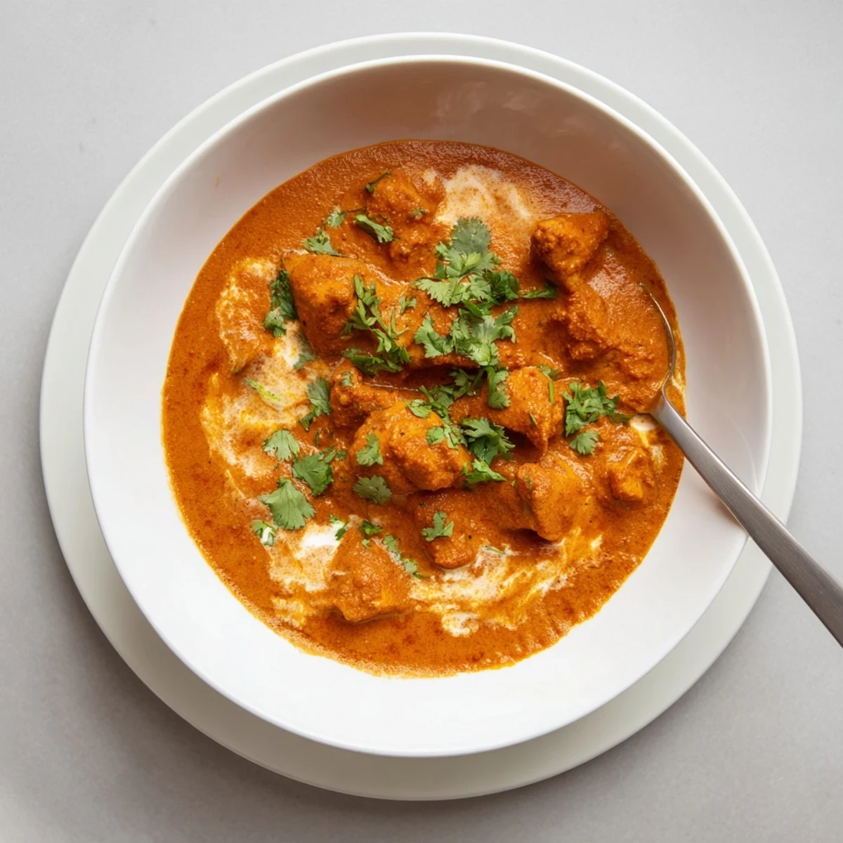 Overhead view of Butter Chicken in a white bowl, rich tomato cream sauce coating tender chicken pieces with a side of warm naan.