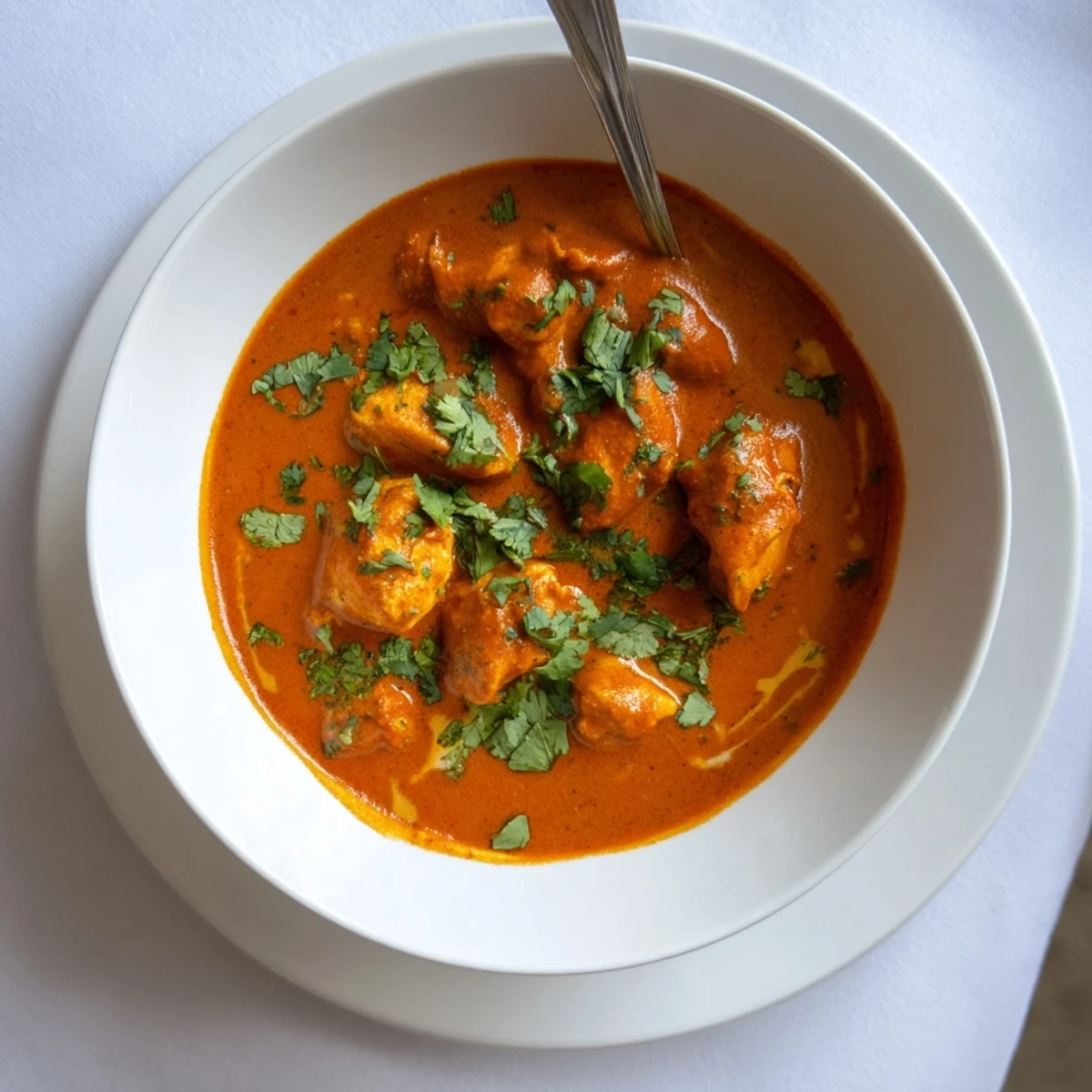 A close-up of creamy Butter Chicken simmering in a skillet, garnished with fresh cilantro and served alongside fluffy basmati rice.