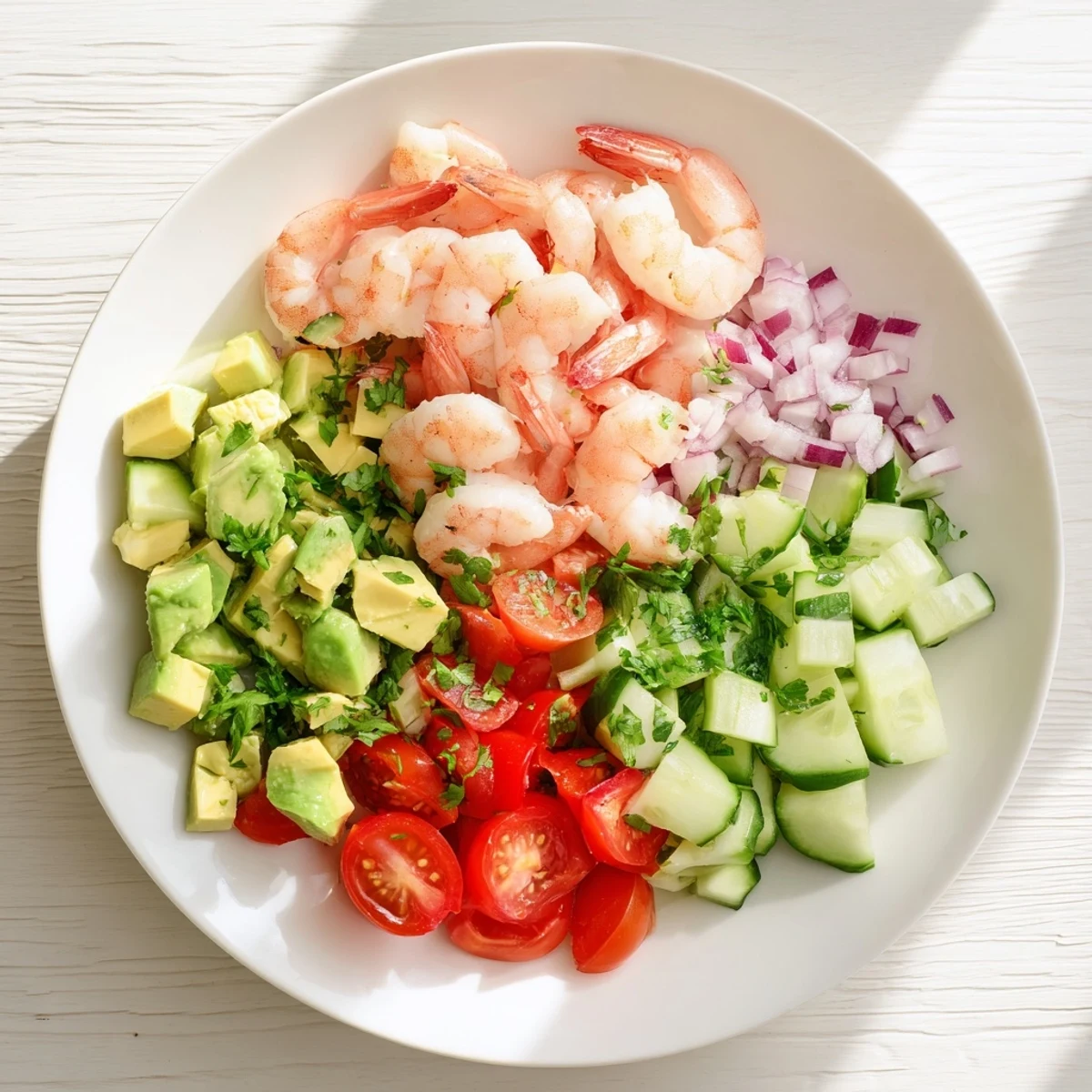 A close-up of Healthy Shrimp Avocado Salad showing pink shrimp, green avocado, red tomatoes, and cilantro with lime dressing.