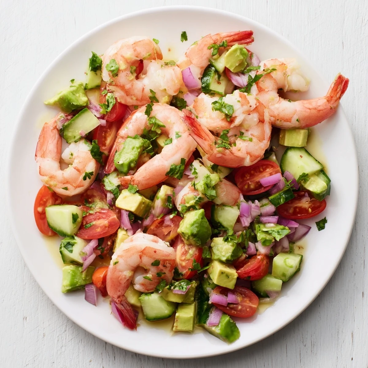 Serve this Healthy Shrimp Avocado Salad chilled in a white bowl, garnished with cilantro and a lime wedge.
