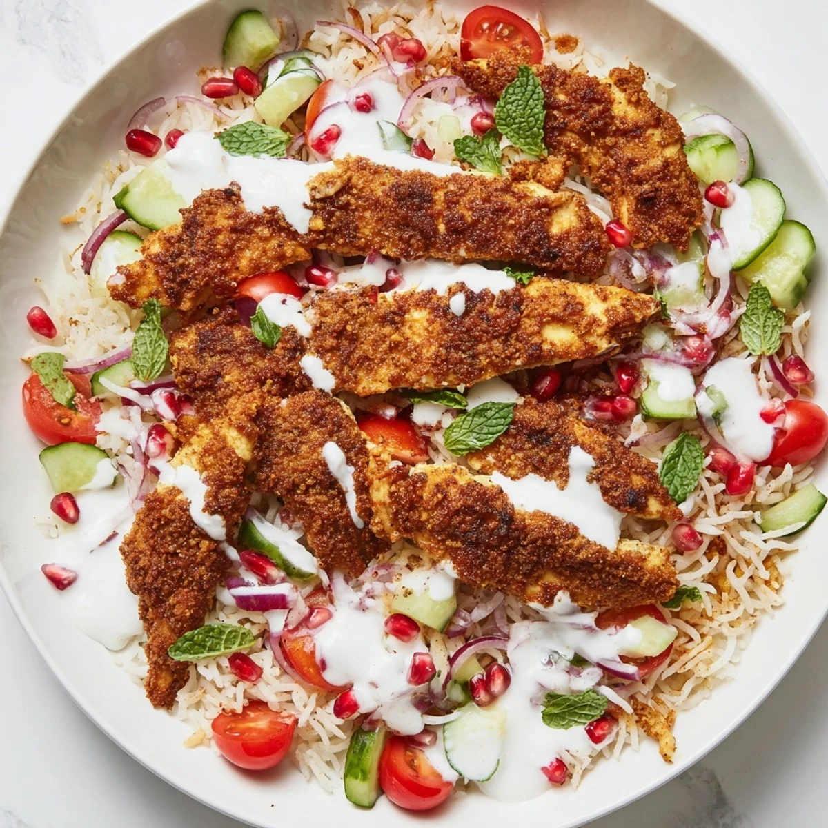 A close-up of Chicken Shawarma Crispy Rice Salad with golden rice, juicy chicken, and fresh herbs drizzled with yogurt tahini dressing.  