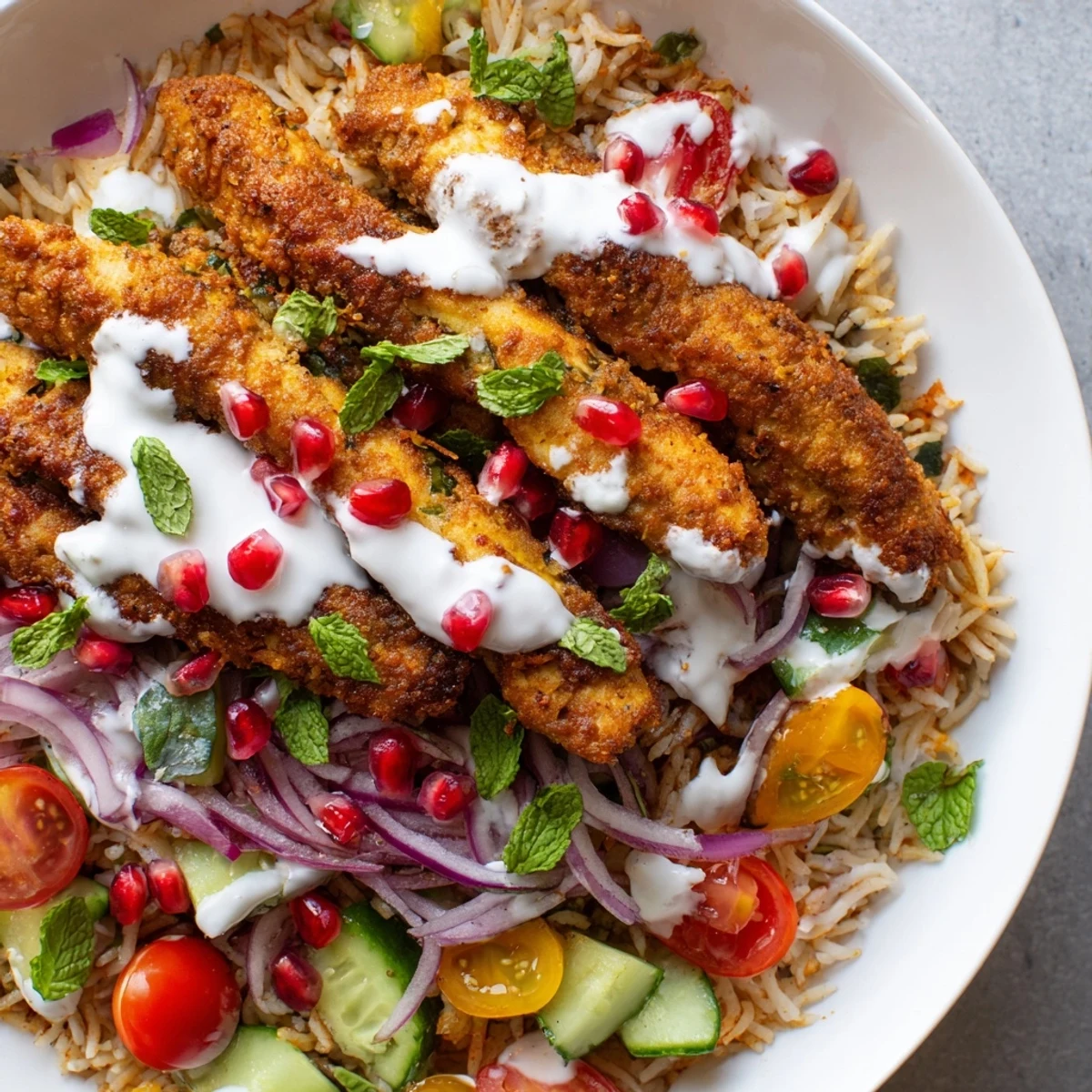 Colorful Chicken Shawarma Crispy Rice Salad in a white bowl, featuring pomegranate seeds, diced cucumbers, and vibrant mint leaves.  